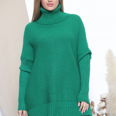 Grüner Pullover mit Stehkragen und breiter Rippstruktur