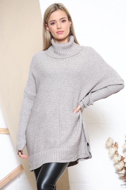 Taupe high neck jumper with wide ribbed texture