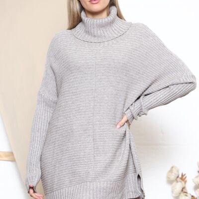 Taupe high neck jumper with wide ribbed texture