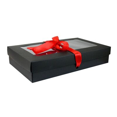 Pack of 12 Black Kraft Box, Clear Lid & Red Satin Ribbon