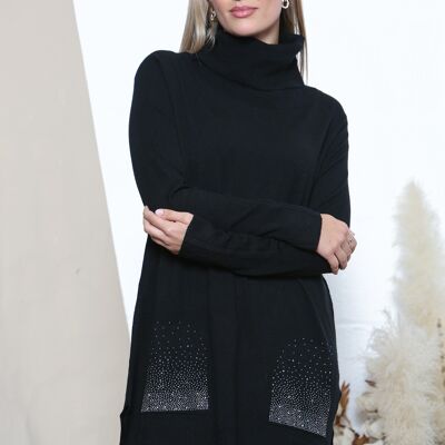 Black Relaxed long jumper with rhinestone design front pockets