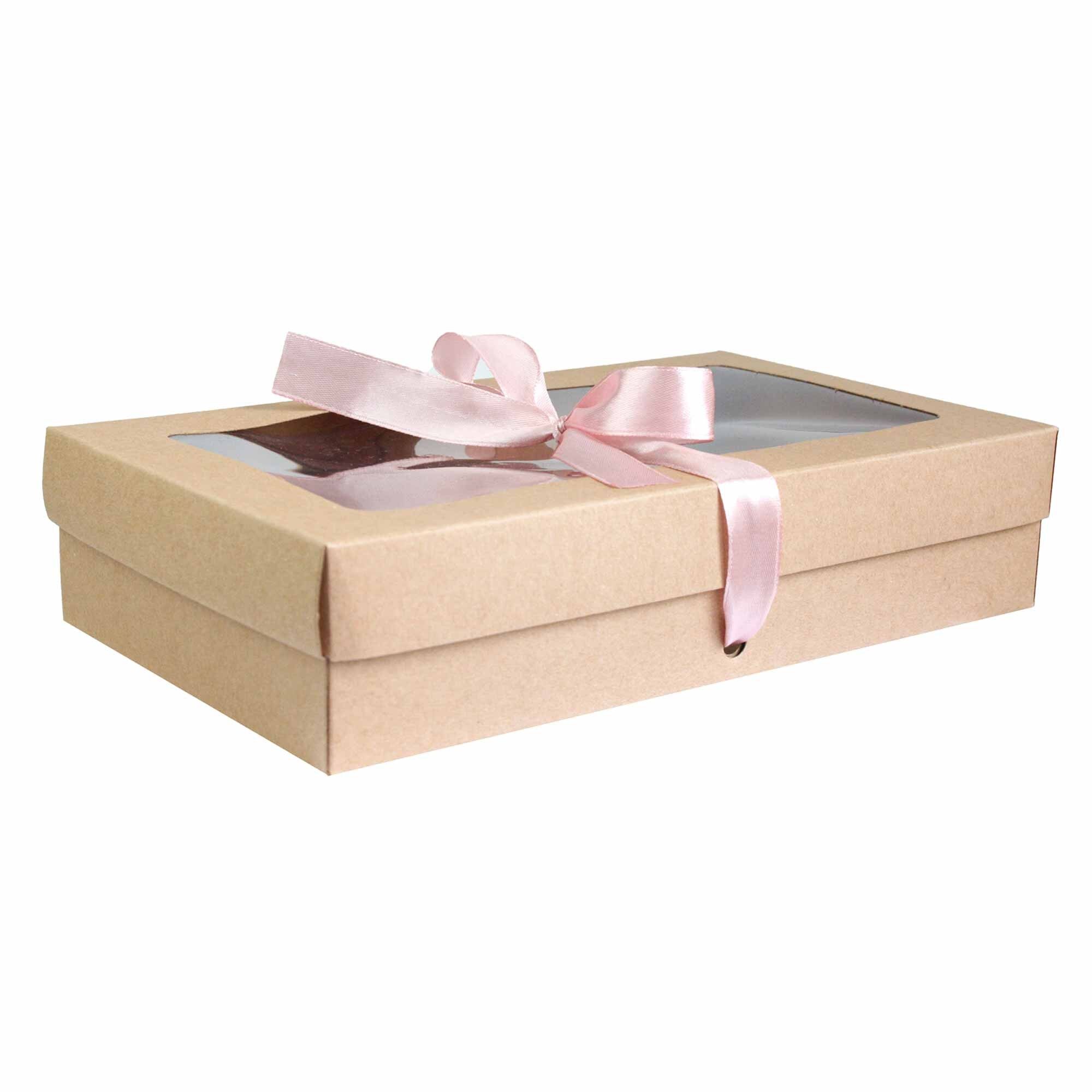 Confezione da 12 scatole kraft marroni con coperchio trasparente e nastro rosa baby