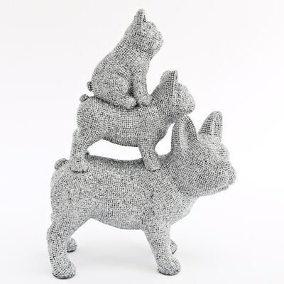 Ornamento Bulldog impilato trio con perline argento 31,5 cm