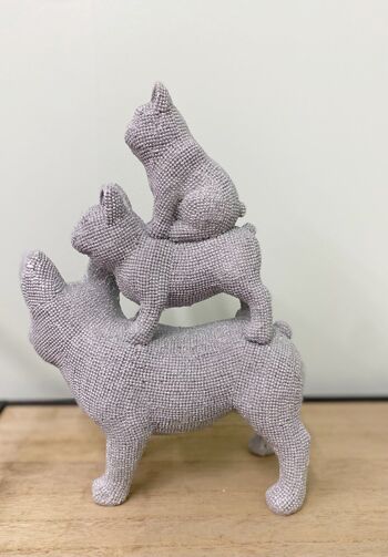 Ornement Bouledogue Empilé Trio de Perles Argent 31.5cm 4