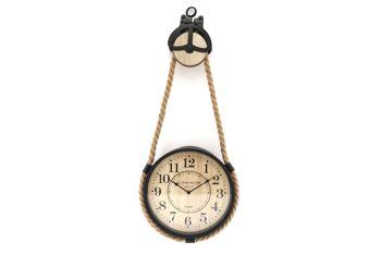 Horloge ronde en métal noir avec corde à suspendre industrielle