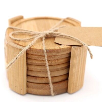 Set Of 6 Round Bamboo Coasters With Holder 12cm