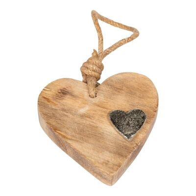 Corazón colgante de madera con corazón de metal plateado