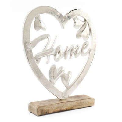 Metal Silver Heart Home On A Wooden Base Large