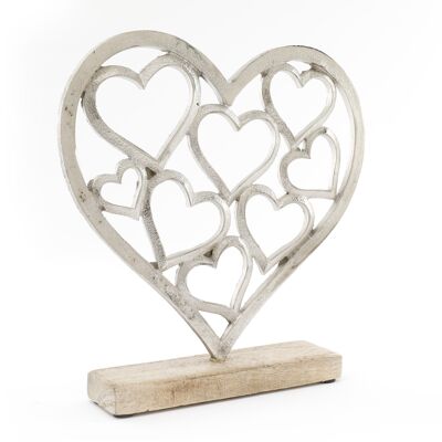 Metal Silver Hearts On A Wooden Base Large