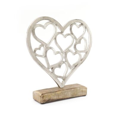 Metal Silver Hearts On A Wooden Base Small