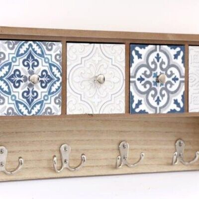 Blaues Wandregal aus Holz mit 4 Schubladen und Haken, 46 cm