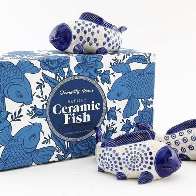 Set of 3 Blue Koi Fish Ceramic Ornaments Willow Design