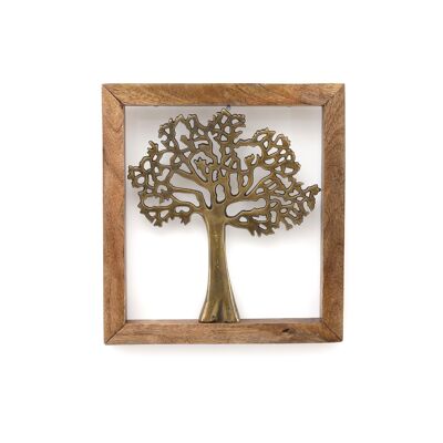 Árbol colgante de pared dorado en marco de madera