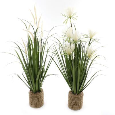 Set di 2 erba artificiale in piedi in vaso con corda