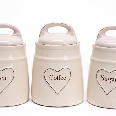 Ceramic Cream Heart Tea, Coffee & Sugar Jars