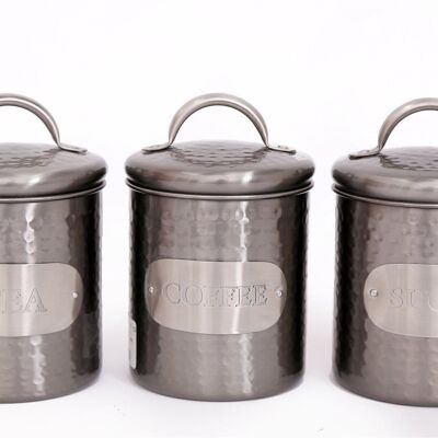 Grey Stainless Steel Tea, Coffee & Sugar, Tins