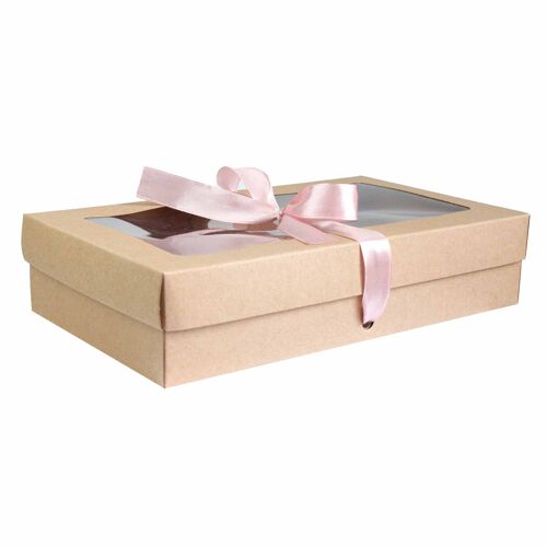 Pack of 12 Brown Kraft Box Clear Lid & Baby Pink Ribbon