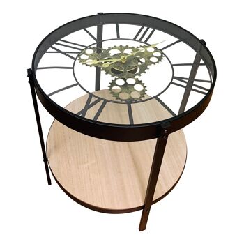 Table d'horloge en métal noir avec dessus en verre