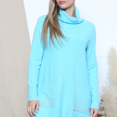 Sky Blue Relaxed long jumper with rhinestone design front pockets