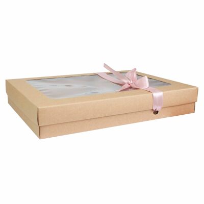 Pack of 12 Brown Kraft Box Clear Lid & Baby Pink Ribbon