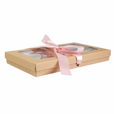 Pack of 12 Brown Kraft Box Clear Lid & Baby Pink Ribbon