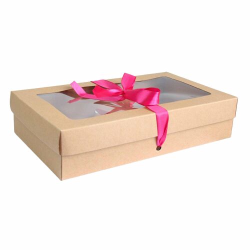 Pack of 12 Brown Kraft Box Clear Lid & Hot Pink Ribbon