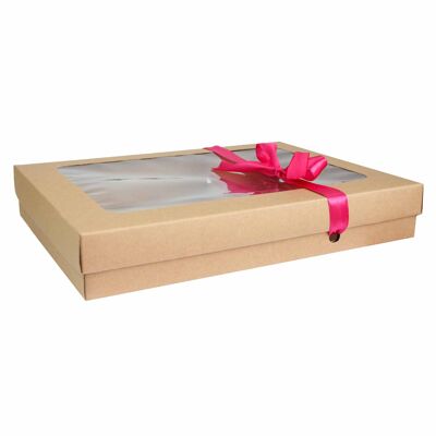 Pack of 12 Brown Kraft Box Clear Lid & Hot Pink Ribbon