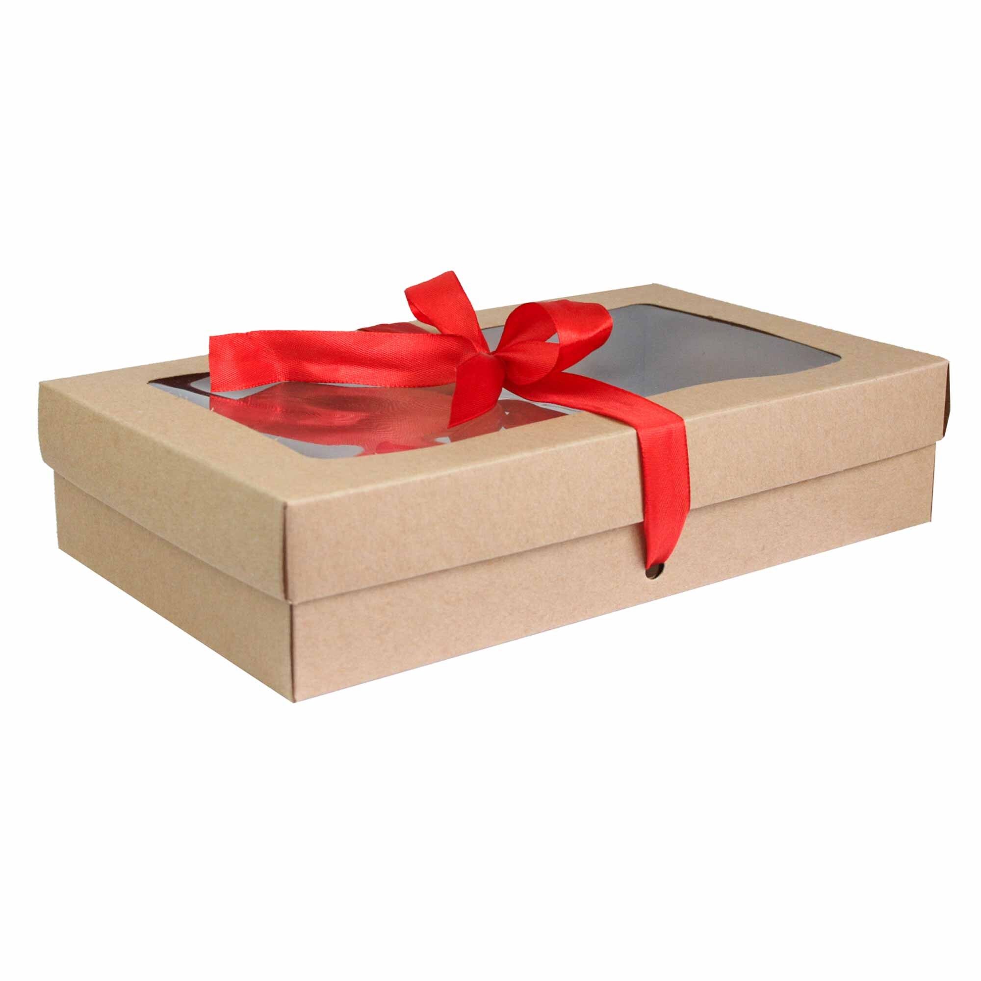 Confezione da 12 scatole kraft marroni con coperchio trasparente e nastro di raso rosso