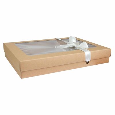 Pack of 12 Brown Kraft Box Clear Lid and Ivory Ribbon
