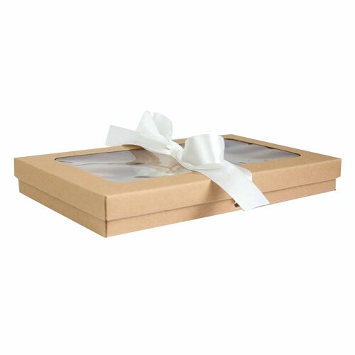 Pack of 12 Brown Kraft Box Clear Lid and Ivory Ribbon