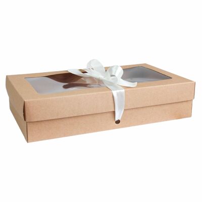 Confezione da 12 scatole kraft marroni con coperchio trasparente e nastro avorio