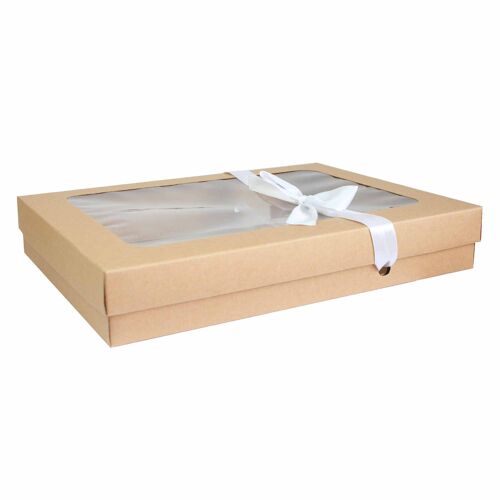 Pack of 12 Brown Kraft Box Clear Lid and White Ribbon