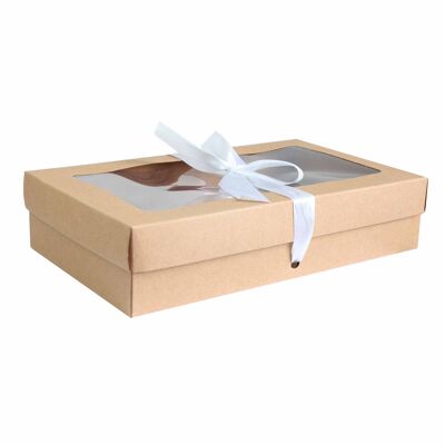 Pack of 12 Brown Kraft Box Clear Lid and White Ribbon