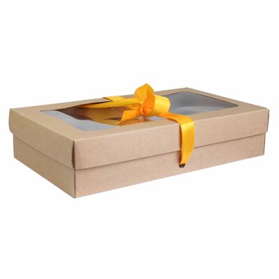 Paquete de 12 cajas de cartón kraft marrón con tapa transparente y cinta amarilla