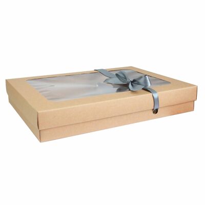 Pack of 12 Brown Kraft Box with Clear Lid and Grey Ribbon