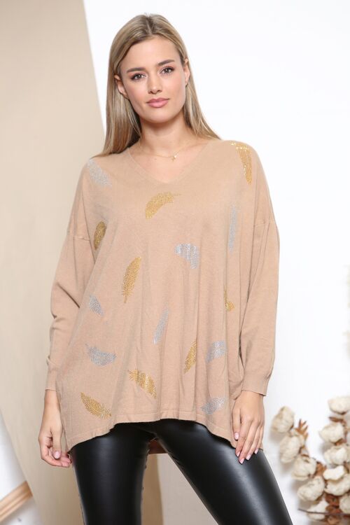 Camel shiny leaf V neck jumper