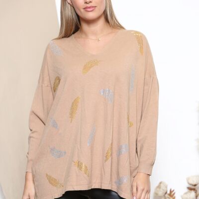 Kamelfarbener Pullover mit V-Ausschnitt und glänzendem Blatt