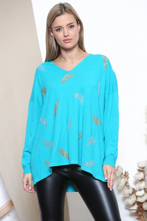 Sky Blue shiny leaf V neck jumper