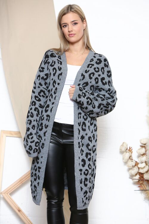 Grey Long leopard print cardigan