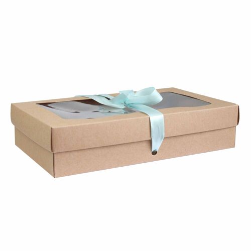 Pack of 12 Brown Kraft Box with Lid & Light Blue Ribbon