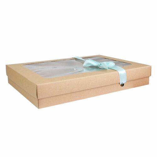 Pack of 12 Brown Kraft Box with Lid & Light Blue Ribbon