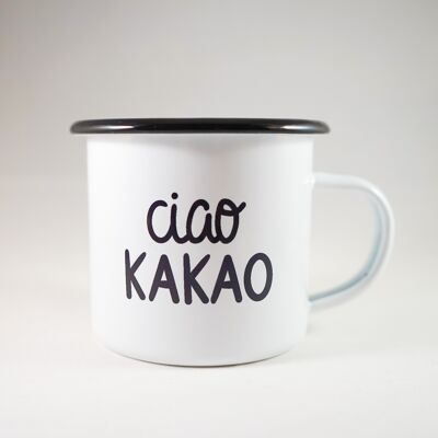 Enamel cup drinking vessel "ciao KAKAO" handprinted white black 12oz