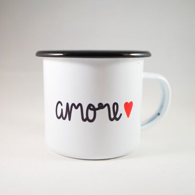 Enamel cup drinking vessel "amore" handprinted white black 12oz