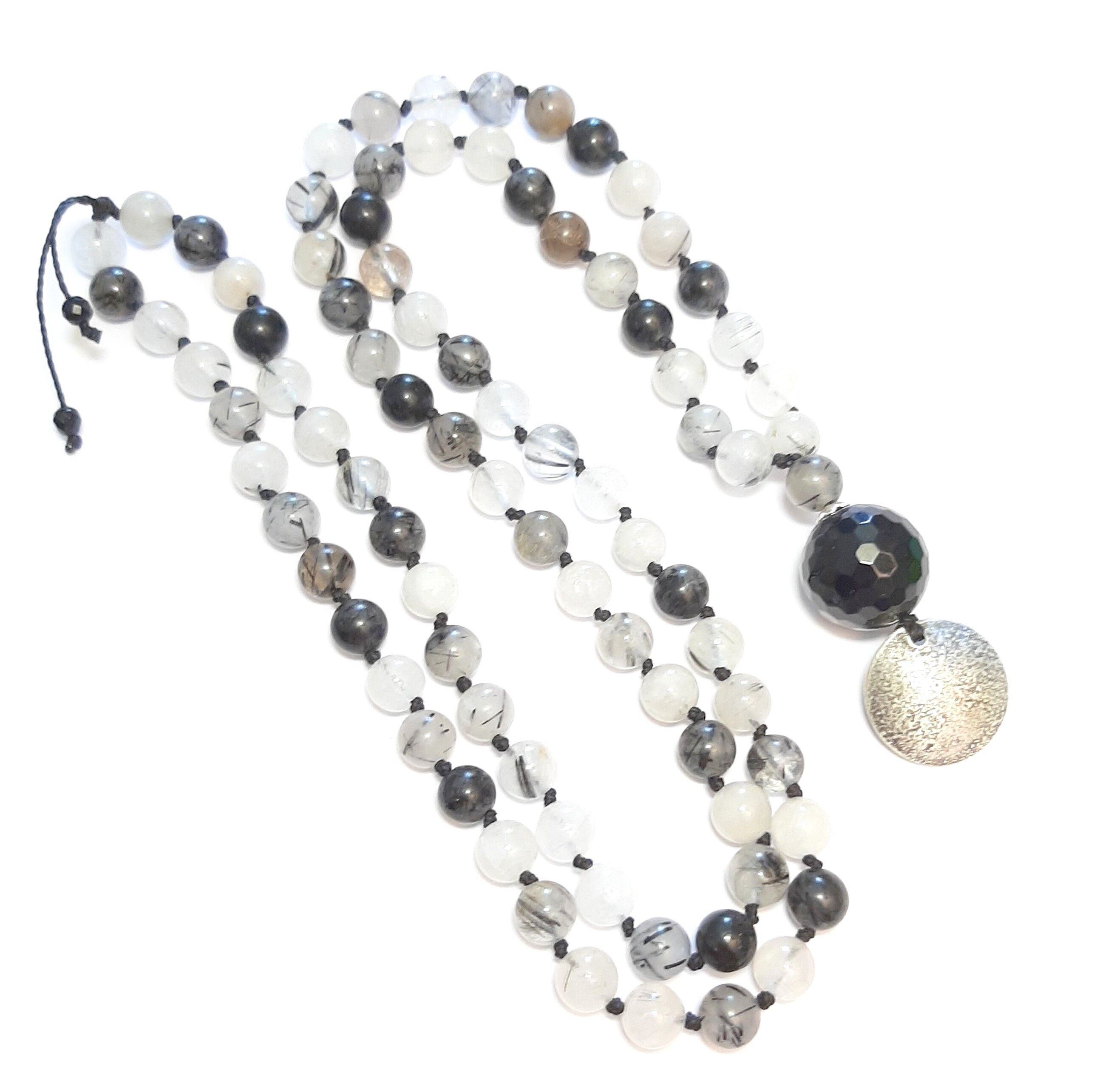 Collana lunga etnica in quarzo tormalina e argento 925