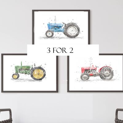 Trio antiker Traktordrucke