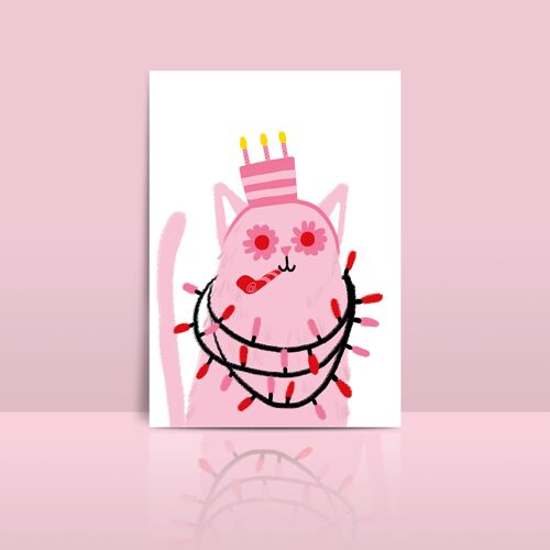 Carte d'anniversaire illustration chat lunettes fleur