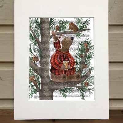 Bear coffee break pine tree, Cabin Book Print, Art Print, Wall Art