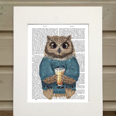 Owl in sweater with latte, Cabin Book Print, Art Print, Wall Art
