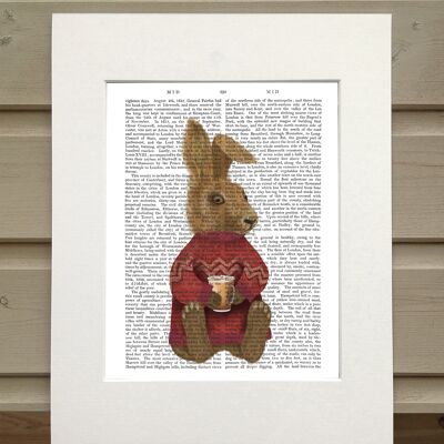 Kaninchen im Pullover mit Latte, Kabinenbuchdruck, Kunstdruck, Wandkunst