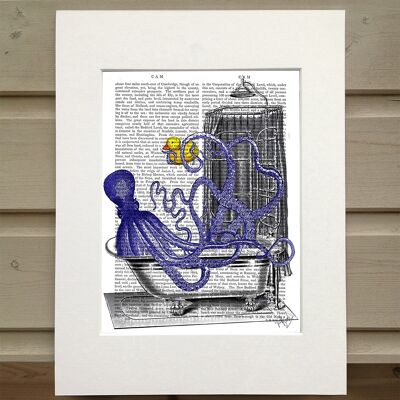 Octopus in bath, Nautical Book Print, Art Print, Wall Art